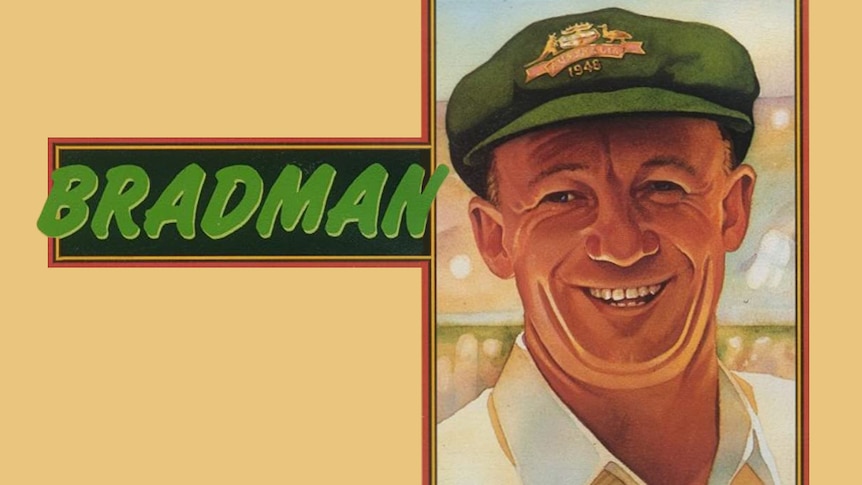 Illustration of Don Bradman wearing a green hat with the Australian Coat of Arms and the classic white cricket uniform