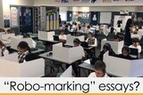 School students sitting NAPLAN test caption "robo-marking" essays? yellow bar