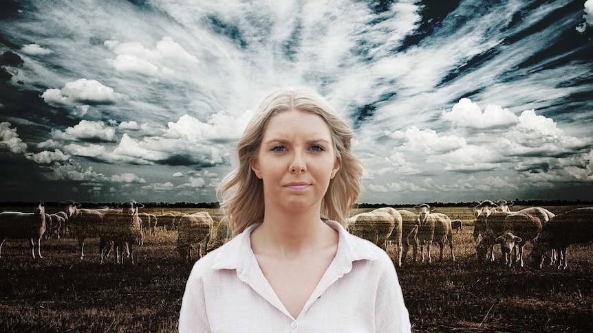A woman stands in front of an edited image of a sheep farm.