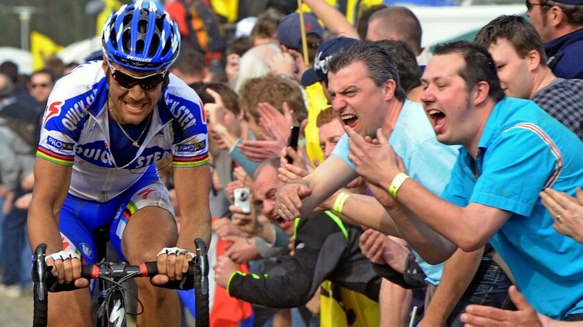 Tom Boonen rides to victory during the 107th edition of the Paris-Roubaix