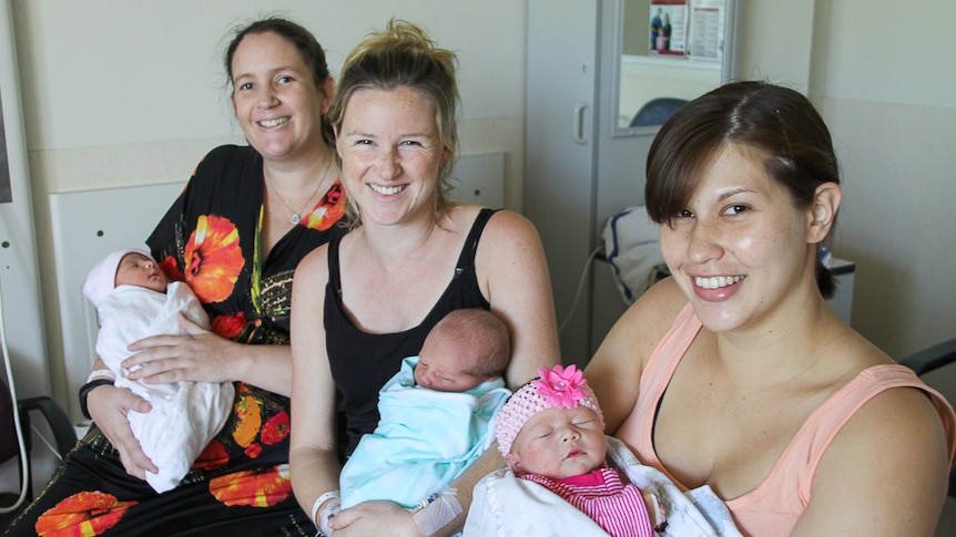 New mothers Gemma Reimann, Kristie Stone and Kim Kleinhans with their leap babies
