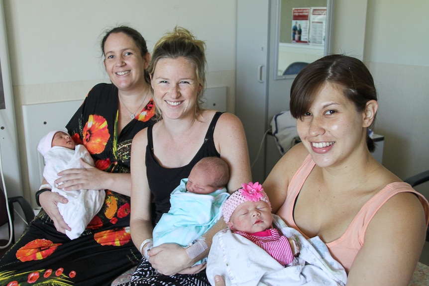 New mothers Gemma Reimann, Kristie Stone and Kim Kleinhans with their leap babies