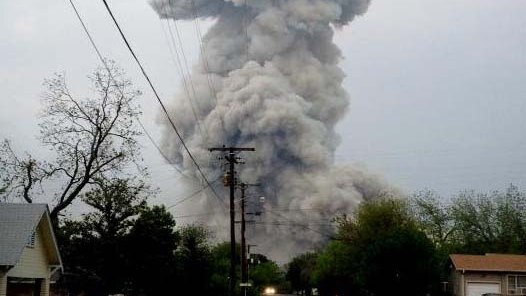Smoke cloud towers over the town of West, near Waco in Texas