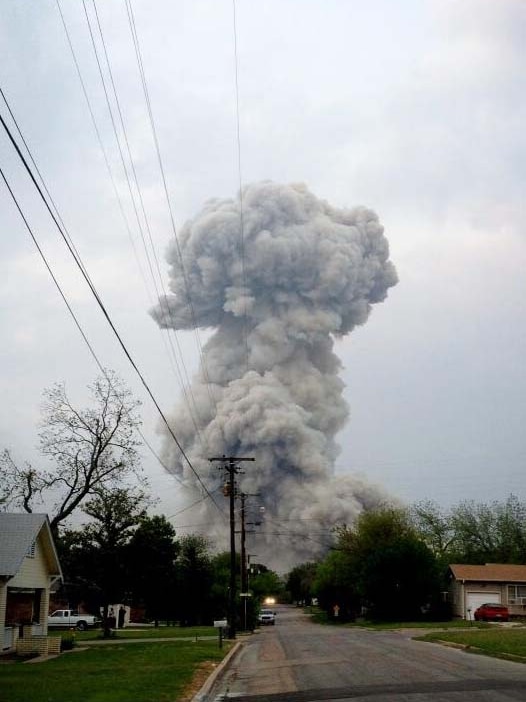 Smoke cloud towers over the town of West, near Waco in Texas