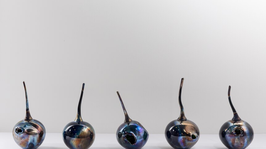Dark glass sculptures in the shapes of bush plums in a row, a work by the artist Yhonnie Scarce