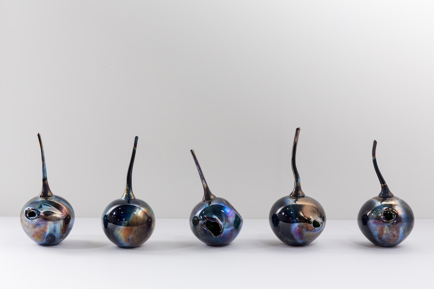 Dark glass sculptures in the shapes of bush plums in a row, a work by the artist Yhonnie Scarce