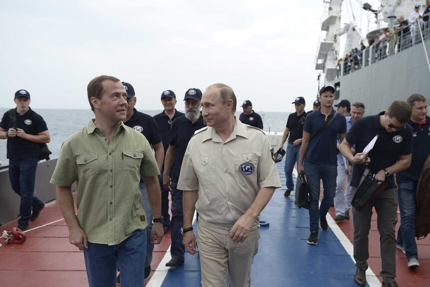 Russian president Vladimir Putin and prime minister Dmitry Medvedev