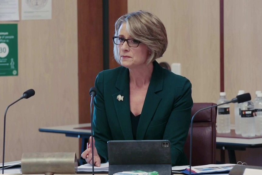 A woman wearing a green jacket sits at a desk