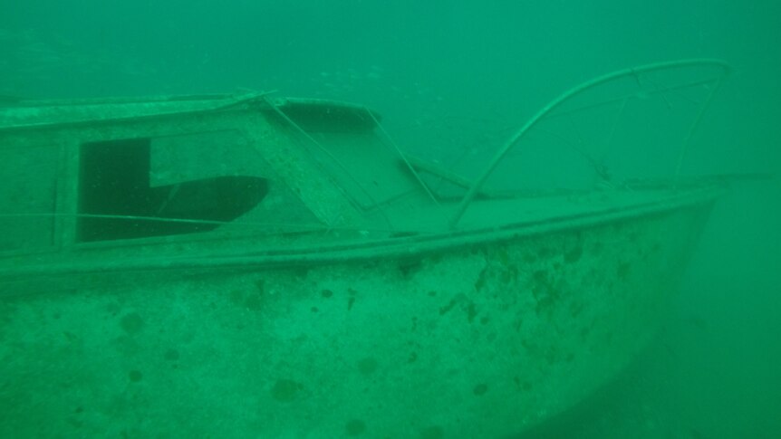 A boat on the bottom of a green sea