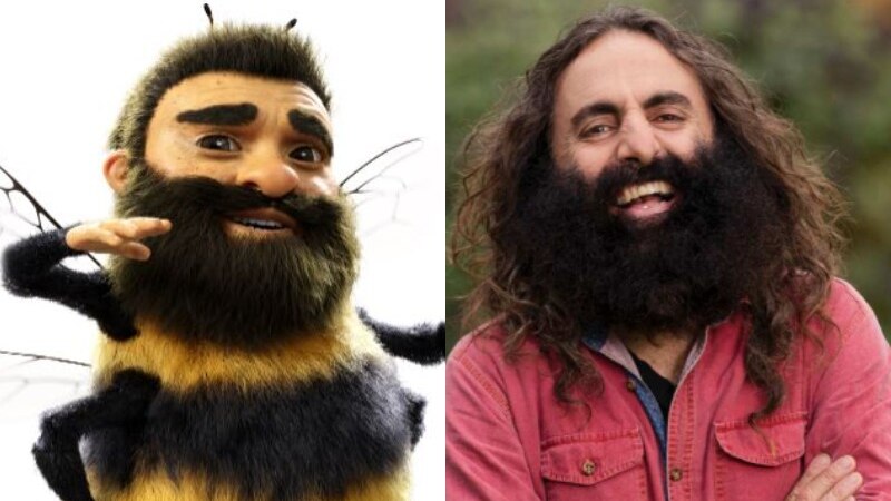 bee cartoon character with a bushy black beard next to man with arms crossed also with a bushy beard