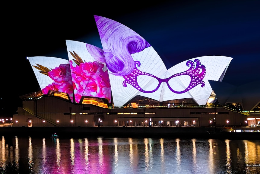 The Sydney Opera House with a Dame Edna Everage theme.