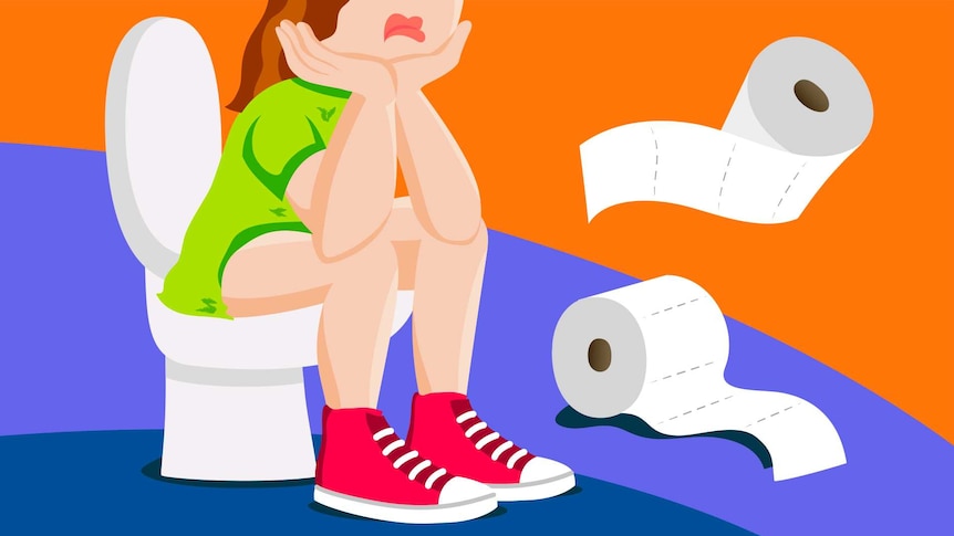 An illustration shows a woman sitting on the toilet for a story about the reasons people strain while pooping and what can help.