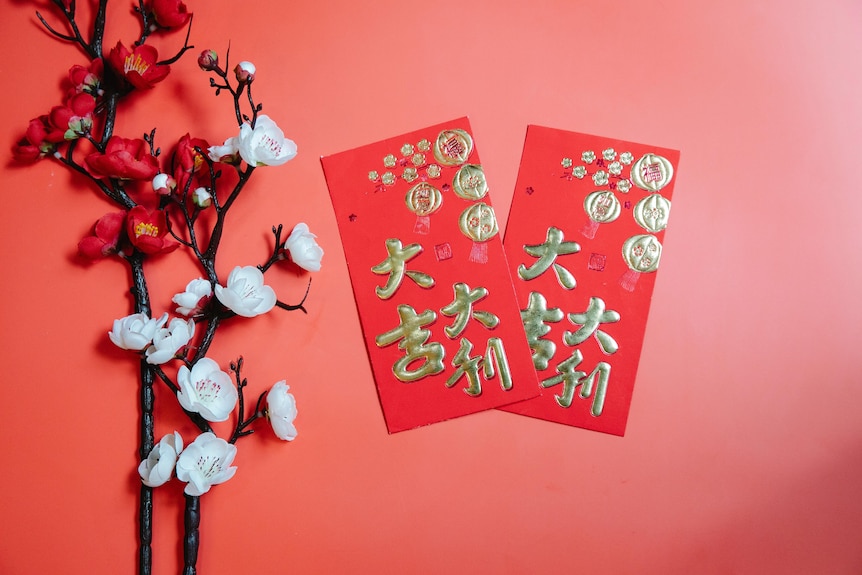 Two traditional red envelopes facing up on a red background 