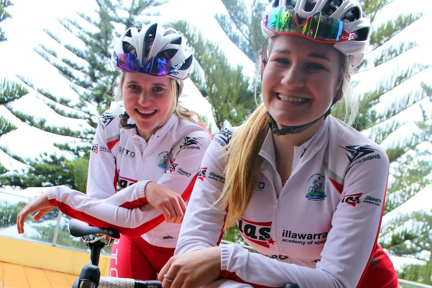 Illawarra Academy of Sport cyclists Ella Scanlan-Bloor and Lara Batkin at the launch of the Gran Fondo in July 2012.