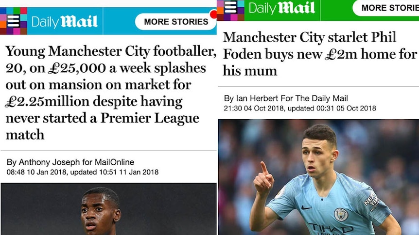 Composite of Daily Mail articles featuring Tosin Adarabioyo and Phil Foden highlighted by Raheem Sterling