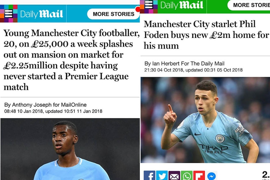 Composite of Daily Mail articles featuring Tosin Adarabioyo and Phil Foden highlighted by Raheem Sterling