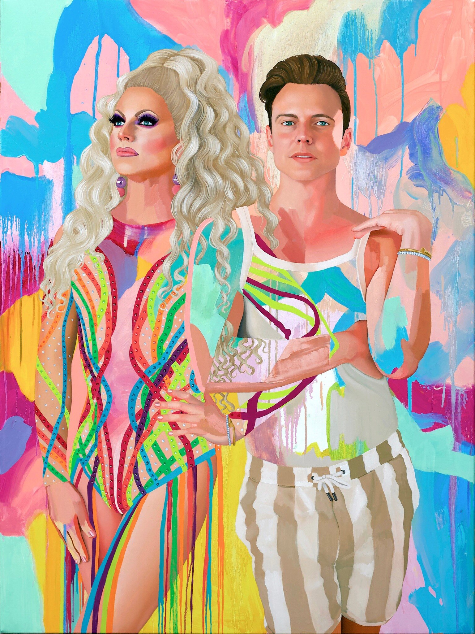 A colourful portrait of Courtney Act, a blonde drag queen, and Shane Jenek, a white queer man with mousey brown hair.