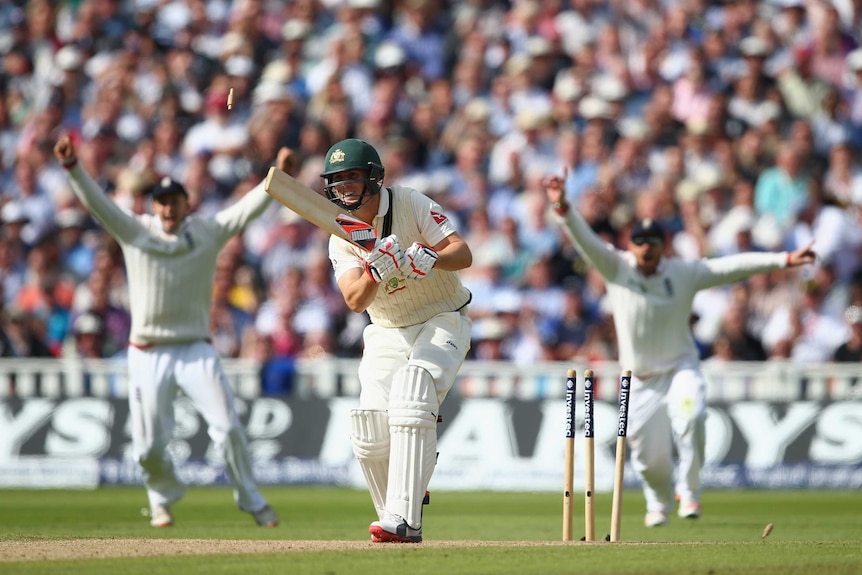 Mitchell Marsh is bowled by England's Steven Finn on day two at Edgbaston.