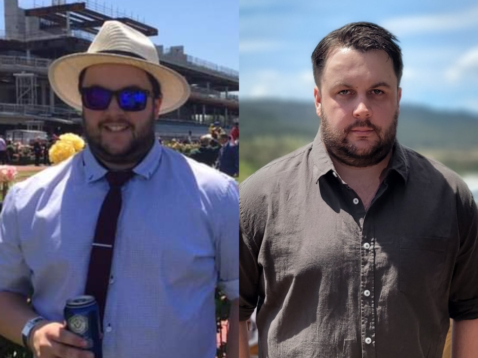 Twin images of a stocky man with a dark beard