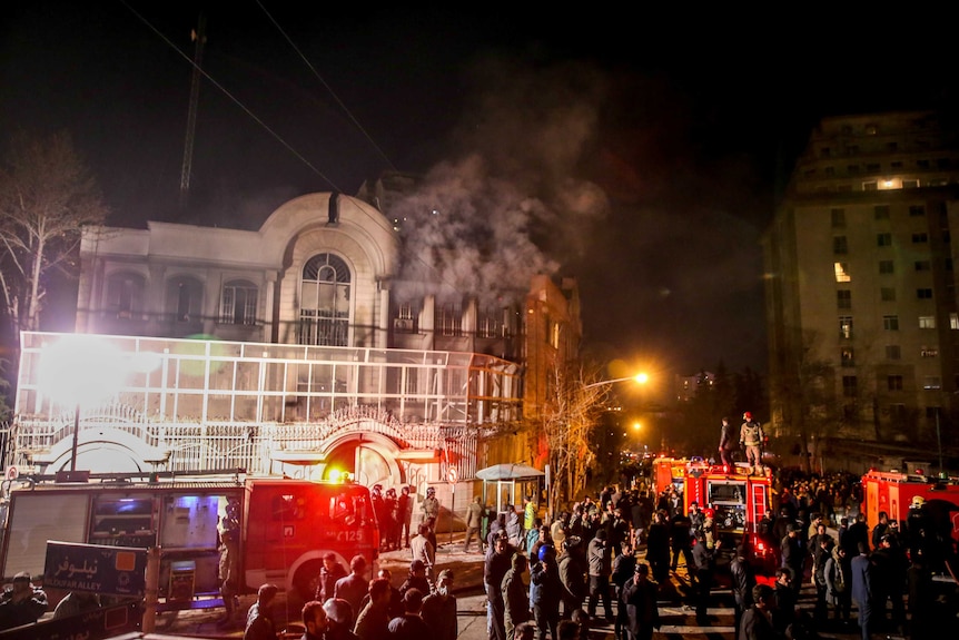 Iranian protesters set fire to the Saudi Embassy in Tehran during a demonstration against the execution of prominent Shiite Muslim cleric Nimr al-Nimr by Saudi authorities, on January 2, 2016