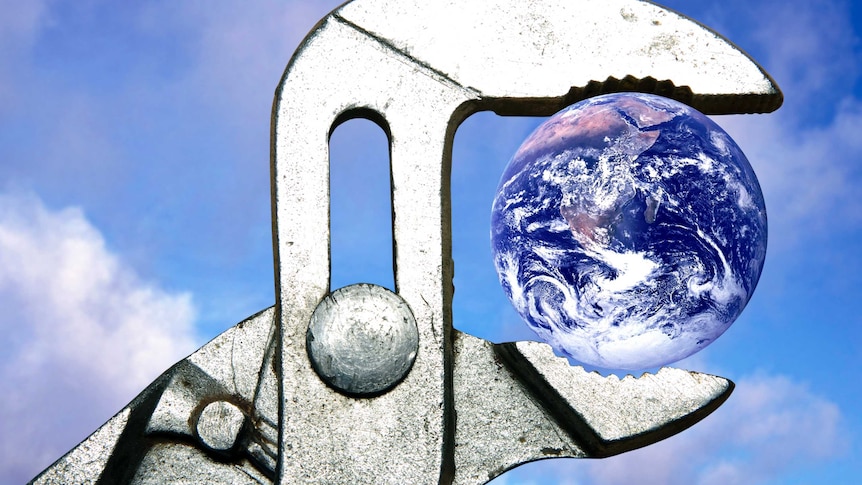 geoengineering artwork: pliers holding planet Earth