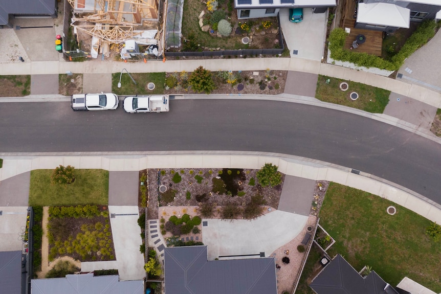 A top-down aerial of planted nature strips on a street.