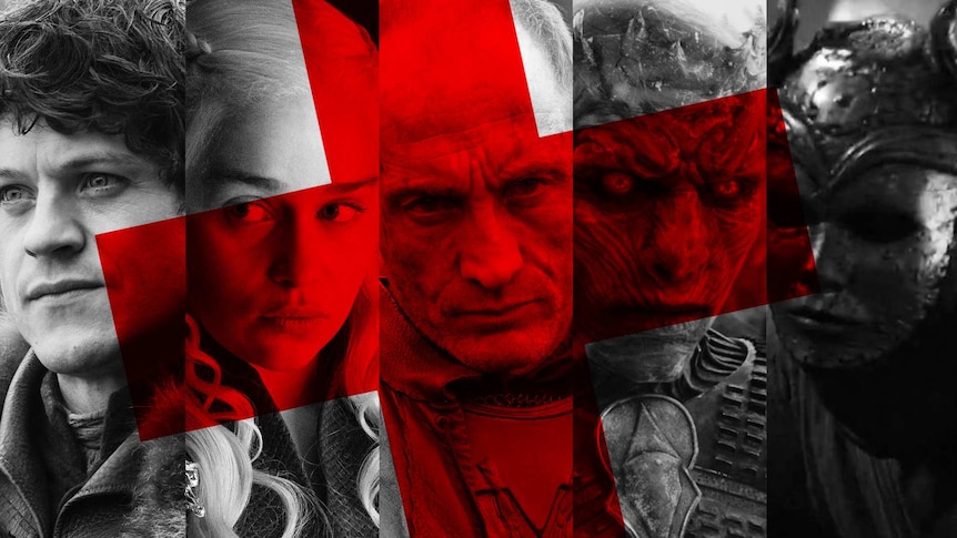A black and white image of Game of Thrones characters with a red cross superimposed on top.