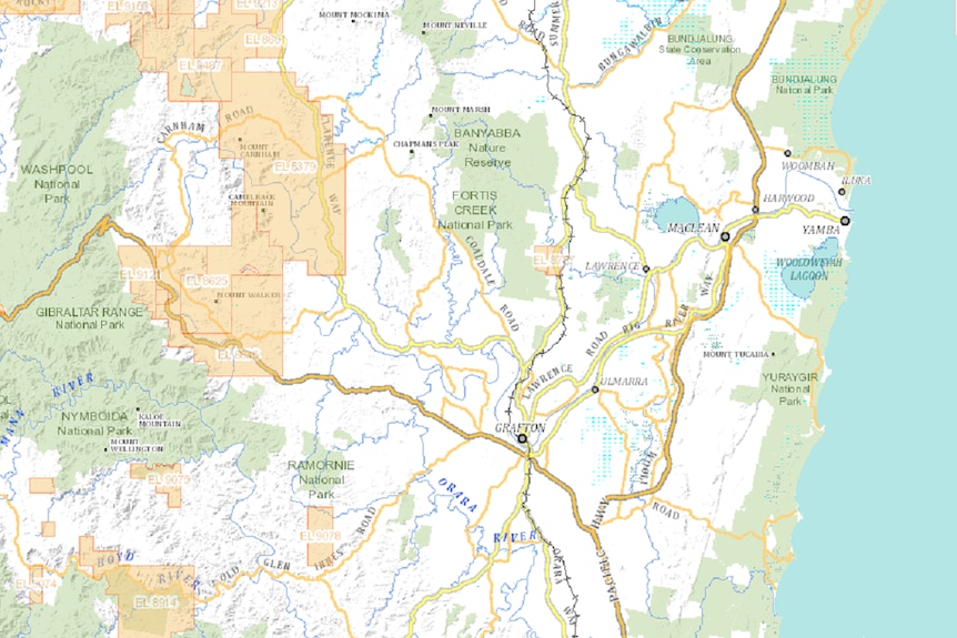 a map showing exploration interests in the Clarence catchment and North coast New South Wales.
