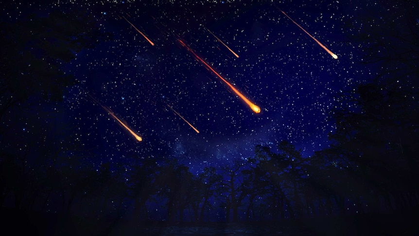 Glowing orange meteors in the sky.