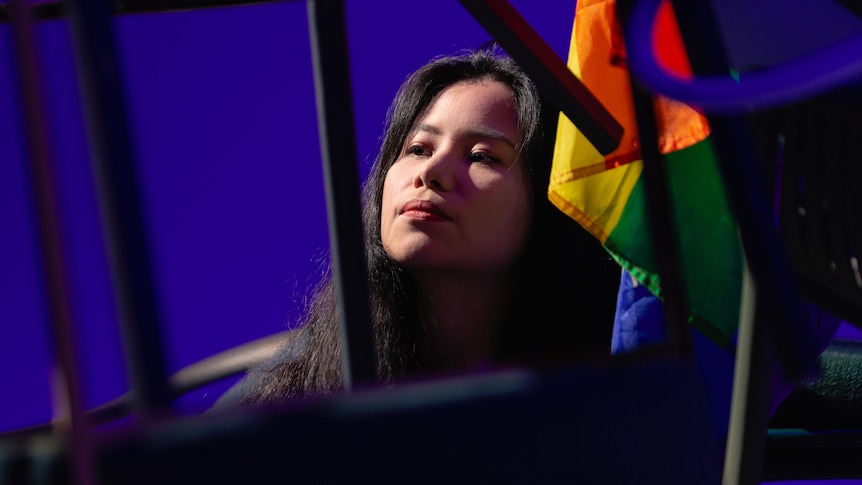 A Chinese person with long black hair, a rainbow flag frames their face. 