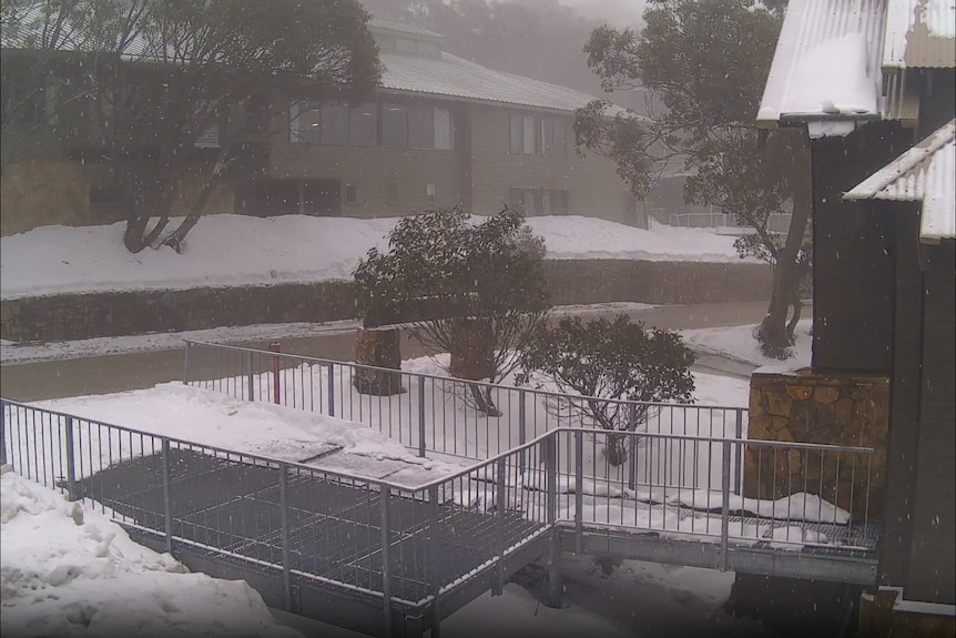 A view of houses and a road with thick blankets of snow lying on the grass banks