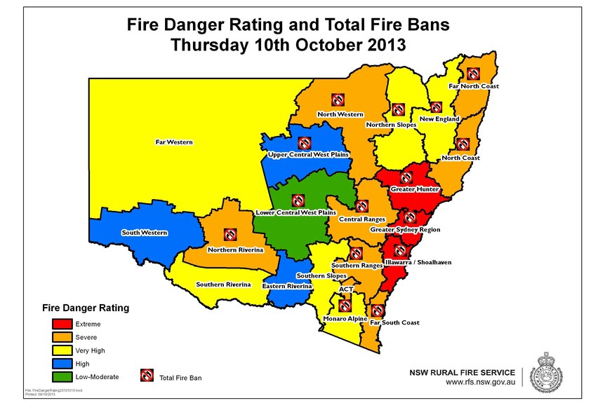 NSW fire danger map for October 10, 2013