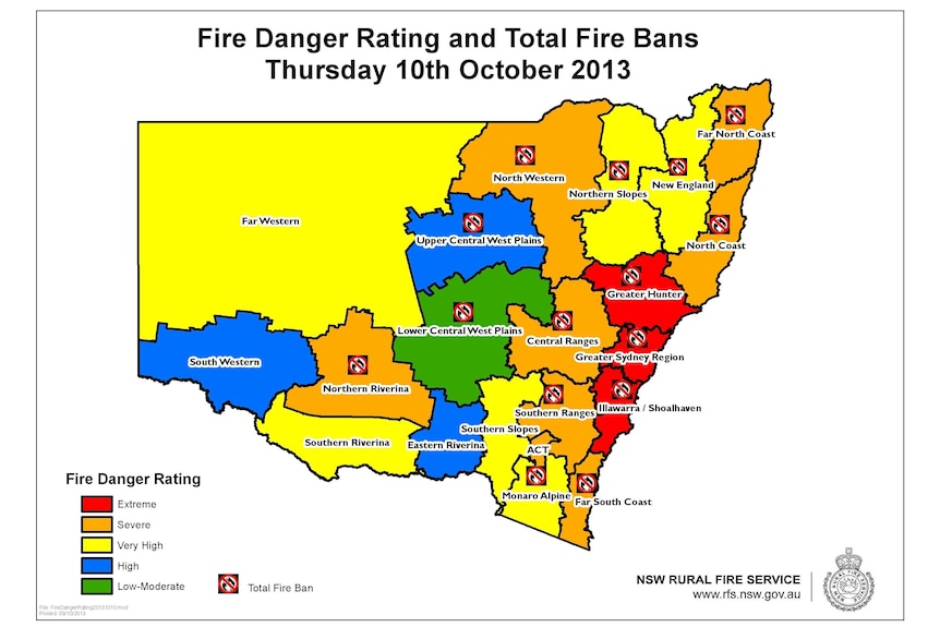 NSW fire danger map for October 10, 2013