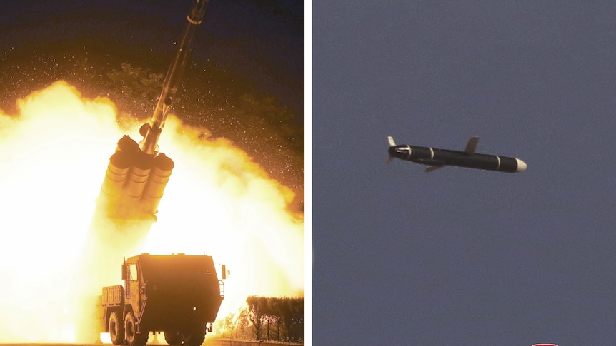 미사일 발사의 합성 이미지: 하나는 미사일 발사를 보여주고 다른 하나는 하늘에서 보여줍니다.