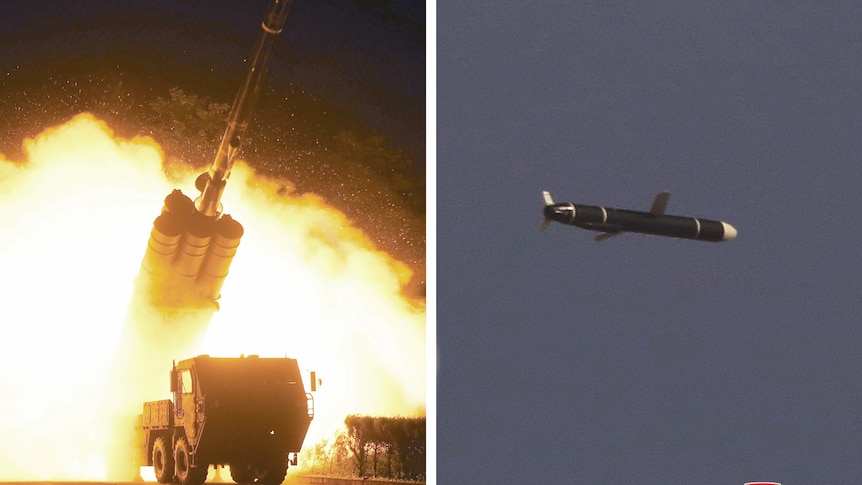 Composite image of missile launch: one showing missile taking off and other missile in the sky.