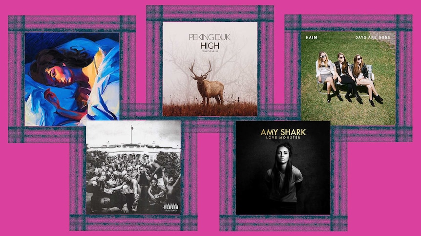 A collage of album covers from Lorde, Kendrick Lamar, Peking Duk, Amy Shark, and Haim