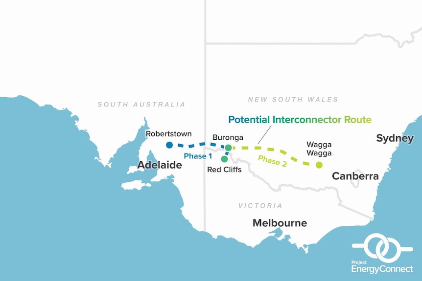 A map showing where the interconnector will go between South Australia and New South Wales.