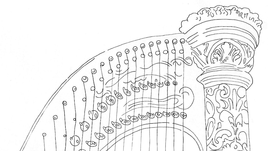 Line drawing of the top of a harp