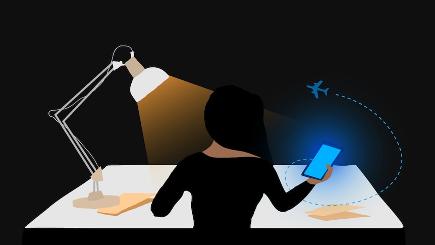 An illustration of a Saudi woman sitting at a desk looking at a smart phone.