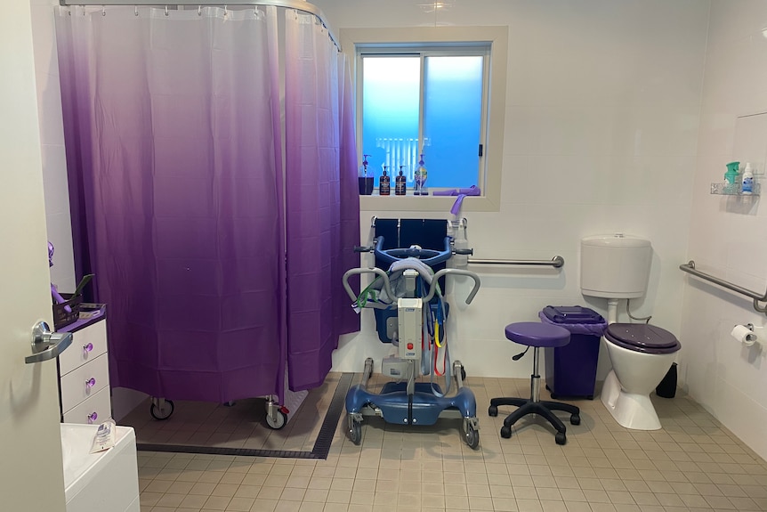 A bathroom with a purple shower curtain, a shower stool and a support vehicle. and  