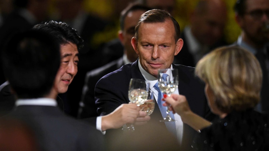 Japan's Shinzo Abe and Tony Abbott make a toast during an official dinner at Parliament House.