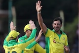 A smiling Australian fast bowler holds his hand up to high-five teammates after taking a wicket.