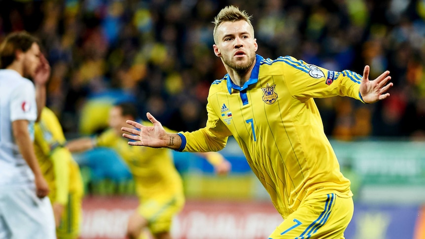 Ukraine's Andriy Yarmolenko celebrates his goal against Slovenia in the Euro 2016 playoff first leg.