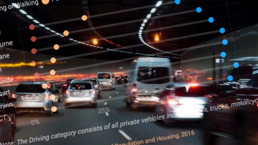 Heavy traffic going through a tunnel with a chart overlayed showing cars are the dominant mode of transport