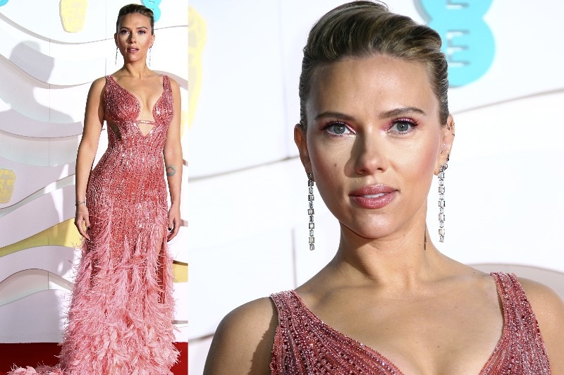 A composite image of Scarlett Johansson wearing a dusty pink beaded gown with feathers at the bottom.