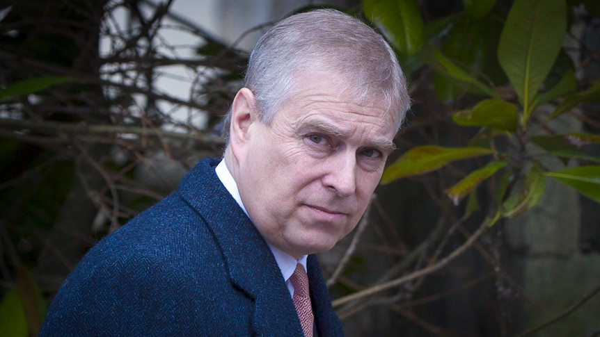 Prince Andrew in a suit looking thoughtful 