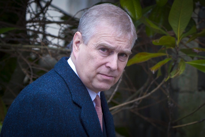 Prince Andrew in a suit looking thoughtful 