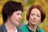 Julia Gillard and Brodie's mother Rae Panlock at the press conference in Melbourne.