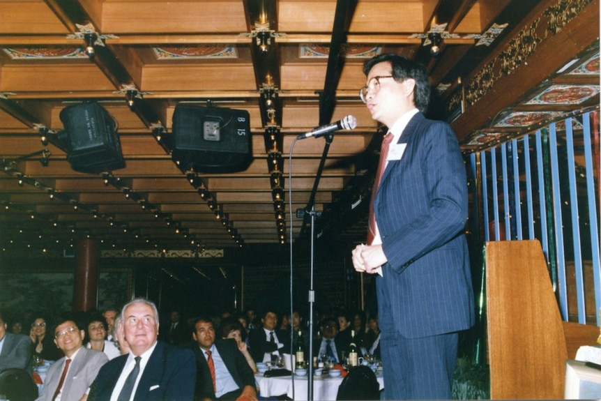 Francis speaks at a forum with Gough Whitlam in attendance, 1989.