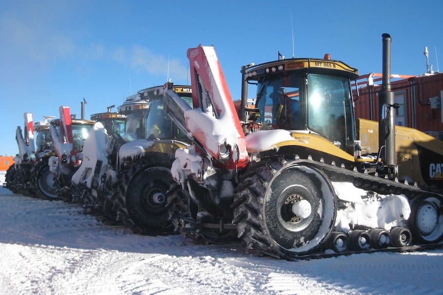 Tractors covered in ice in Antarctica